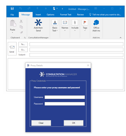 Diagram displaying how to login to Consultation Manager with the Microsoft Office toolset in Outlook