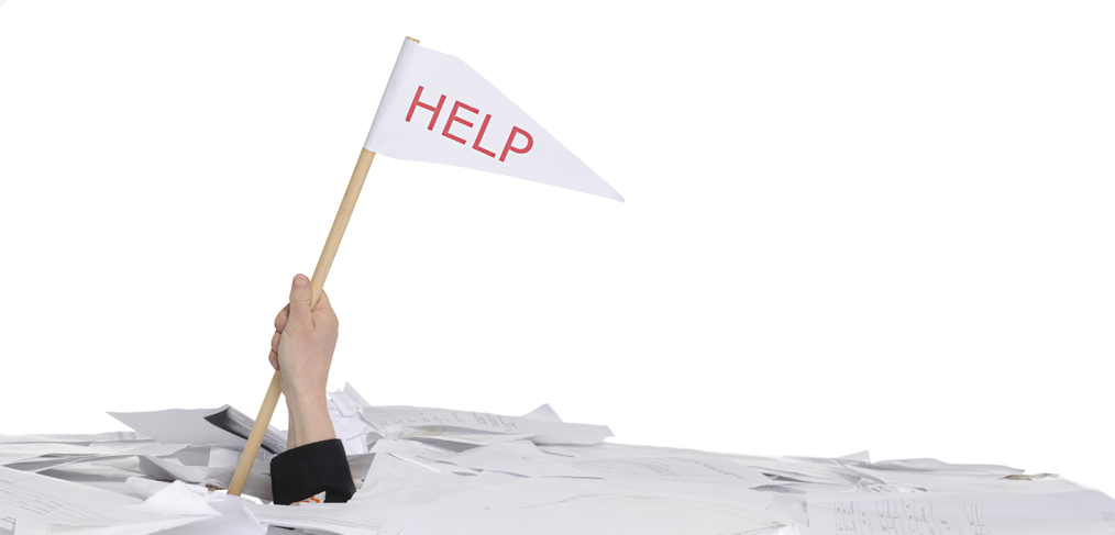 Businessman drowning in paper waving flag labelled 'help'