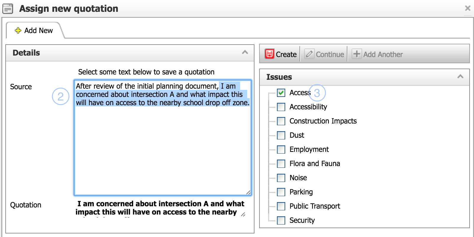Screen grab from Consultation Manager of adding a Quotation to your event